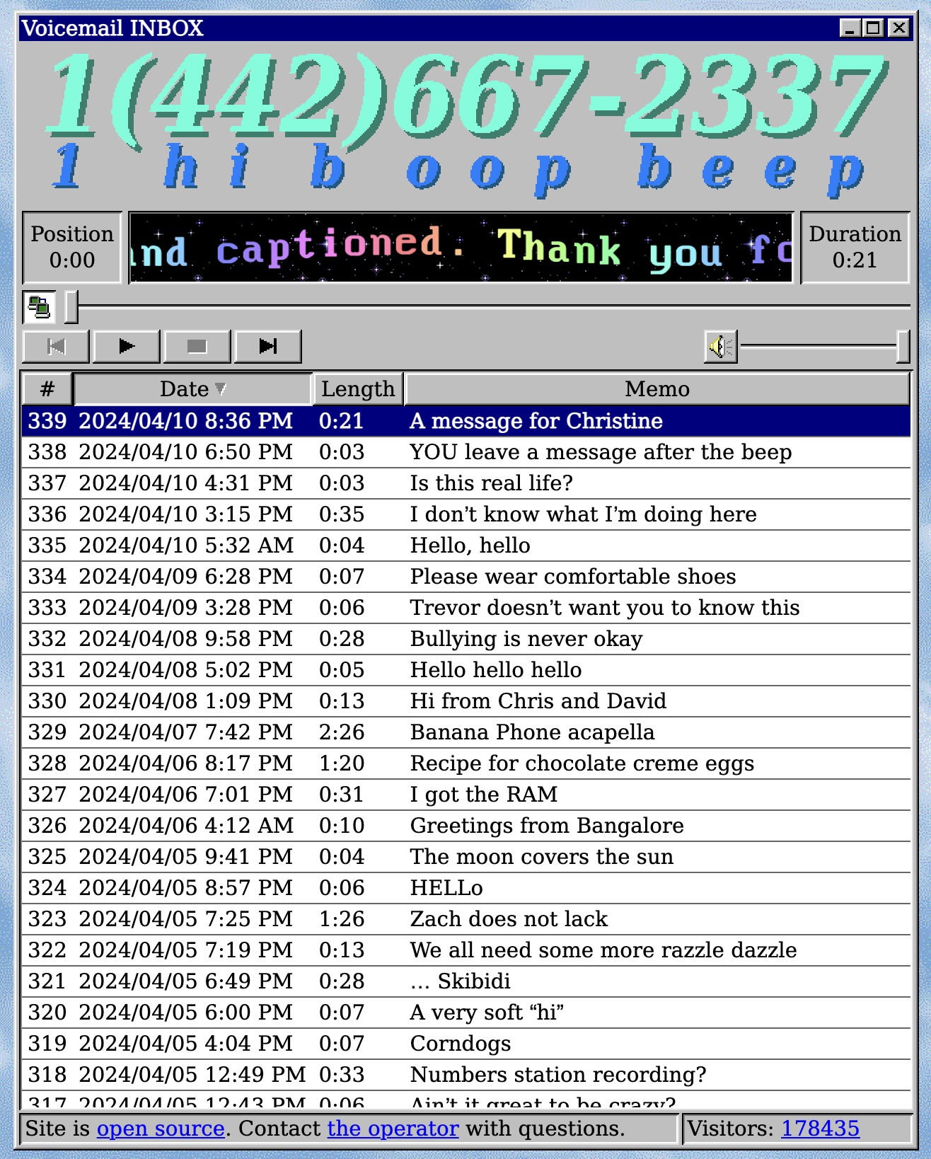 A windows OS type interface for voicemail inbox, with the phone number at the top 1 (422) 667-2337. Below are a list of messages you can click to listen to them.