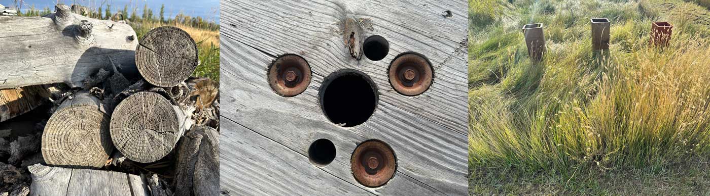 collage of separate photos- one is the ends of three logs, the other top of a wood spool with 3 holes, and 3 metal chimneys sitting in the grass